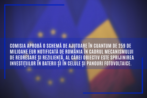 Comisia aprobă o schemă de ajutoare în cuantum de 259 de milioane EUR notificată de România în cadrul Mecanismului de redresare și reziliență